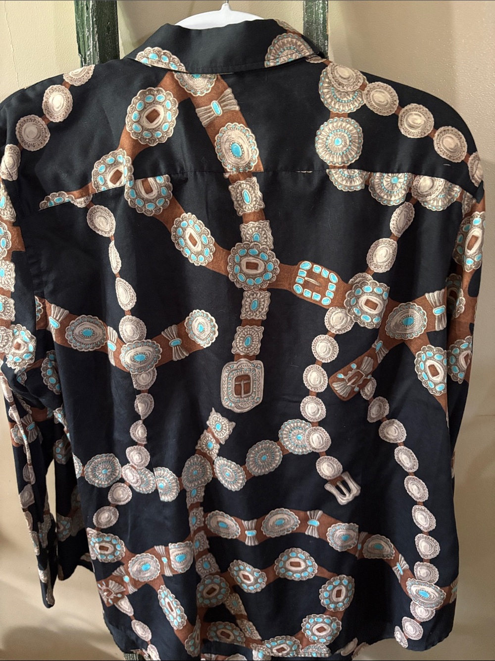 Men's Black Patterned Button-Up Shirt with Brown & Teal Accents - Picture 3 of 3